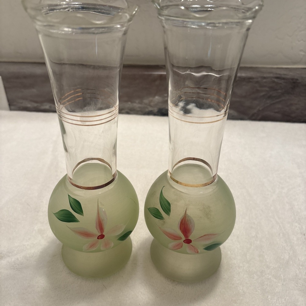 ViTG Hand Painted Glass 2 Bud Vases Pair Flowers Gold Trim Frosted Clear 9in